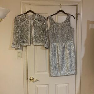 Kay Unger Silver Embellished Dress & Jacket sz 6/8